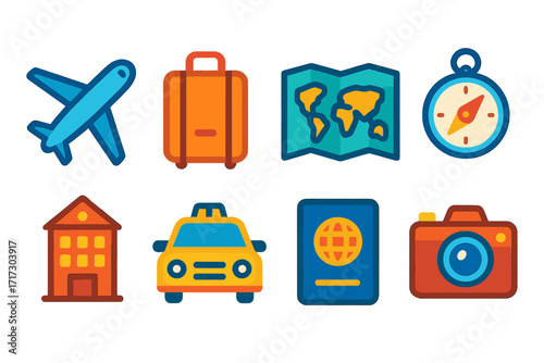 Colorful travel icons with neon glow: airplane, luggage, map, compass