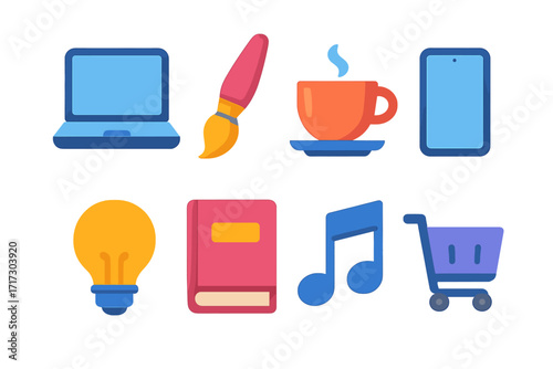 Colorful glowing icons set featuring technology, creativity, and everyday essentials