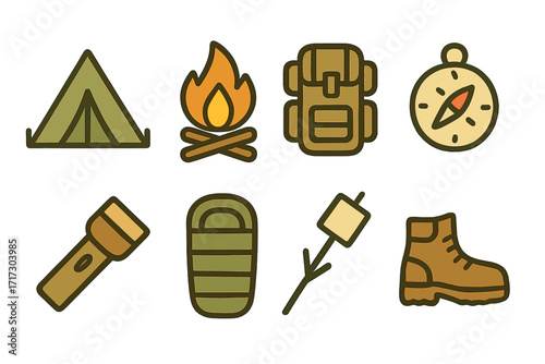 Camping icons set: tent, campfire, backpack, compass, flashlight, sleeping bag, marshmallow, boot