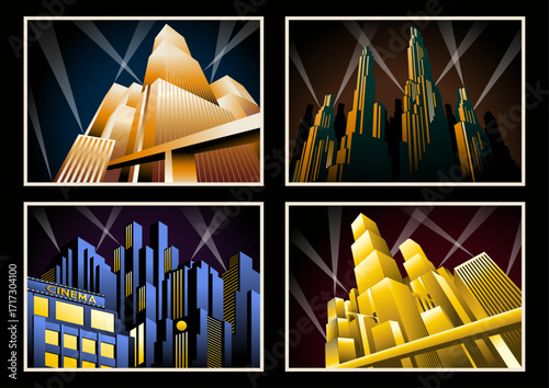 Art Deco Poster Set. Futuristic City, Skyscrapers, Bridges, Spotlights. Vector Templates for Art Deco Placards, Covers, Illustrations