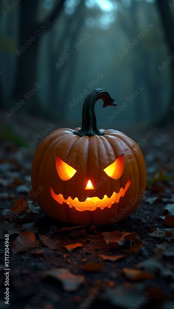 Fototapeta premium Spooky Halloween pumpkin with a sinister grin and lantern glowing in the foggy forest at night