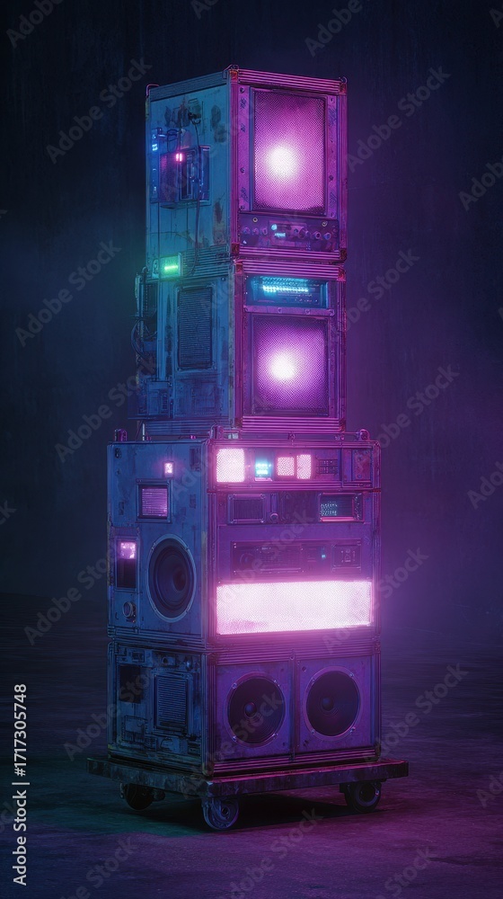 Naklejka premium Stacked Retro Futuristic Audio Equipment with Neon Lights