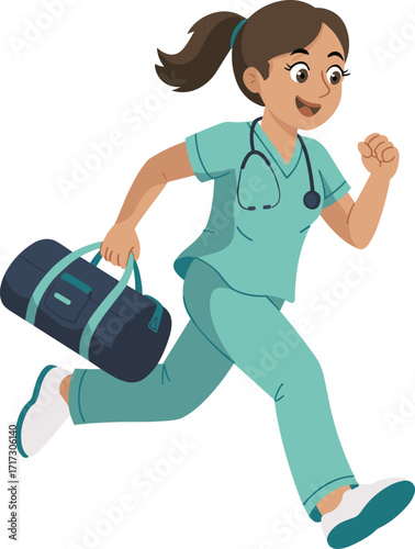 Nurse in scrubs running with medical bag and stethoscope
