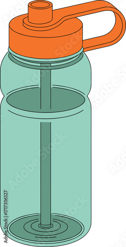 Clear plastic water bottle with orange lid and straw