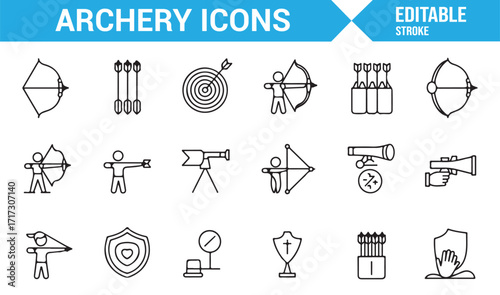 Minimal stroke archery icon collection with bows, targets, crossbow, and training symbols