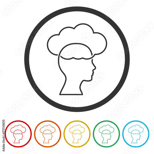 Head icon with cloud. Set icons in color circle buttons