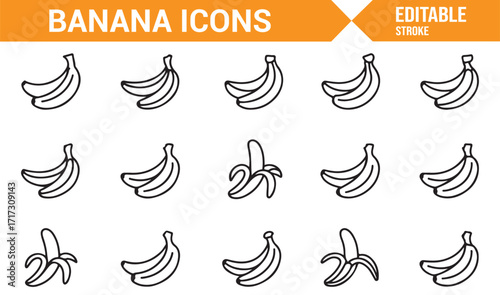 Editable banana icon set including bunches and peeled fruit in minimal stroke vector design