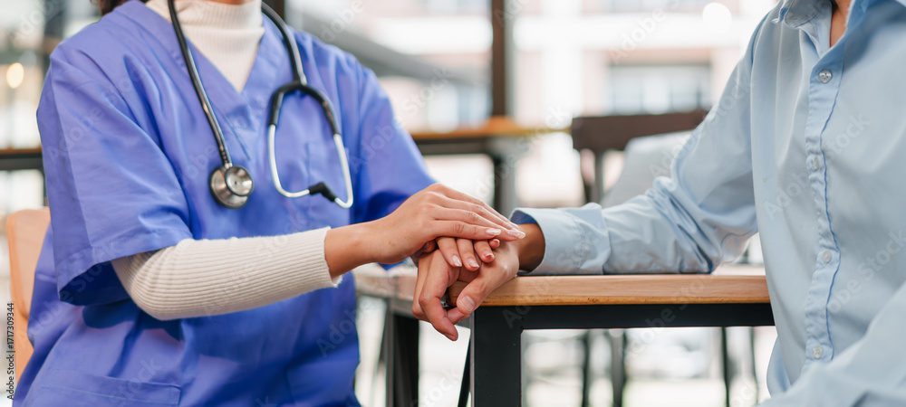 Εκτύπωση καμβά Young nurse caring patient with hand support, compassionate healthcare worker of