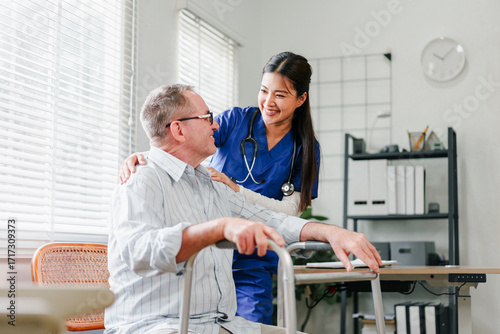 Smiling nurse assisting elderly man with walker in bright medical office, compassionate care and support