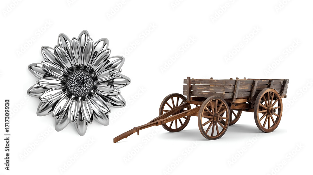 Fototapeta premium Chrome marigold with rural bullock cart isolated on white background for floral decorative nature design illustration 