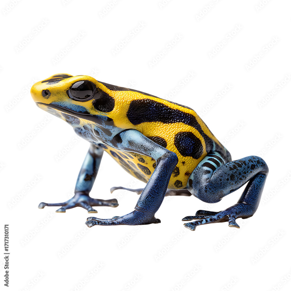 Obraz premium A Vibrant Yellow-Banded Poison Dart Frog, Displaying Striking Blue and Black Markings Against a Pristine White Background.