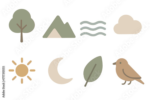Minimalistic nature icons set with ambient light effect