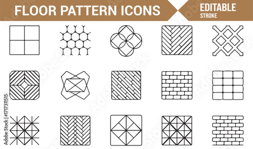 Outline vector icons of floor textures including herringbone, mosaic, and parquet tiles