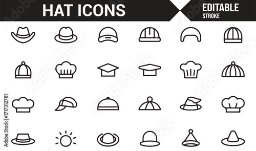 Variety of hat icons in editable stroke vector design for fashion and lifestyle themes