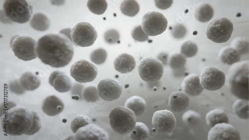 Microscopic view of spherical particles floating in a fluid medium