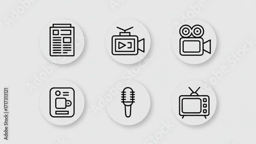 Media and communication icons vector set for journalism broadcasting news television film and recording studio