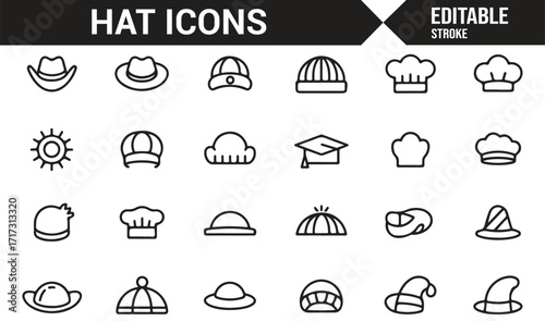 Vector stroke illustration of hats including casual, festive, and traditional headwear