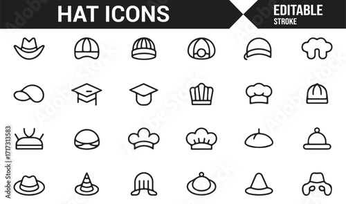 Minimal line icon collection of hats for fashion, celebration, and cultural accessories
