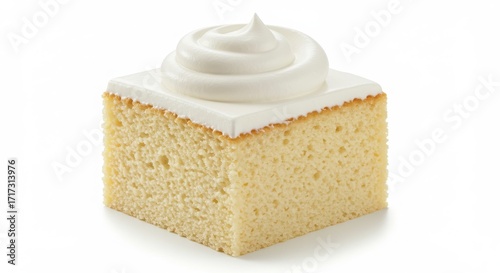 Tres leches cake slice topped with cream isolated on a white background for dessert and bakery photography