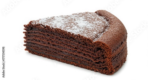 Slice of chocolate cake isolated on white background with a fork and decorative chocolate shavings