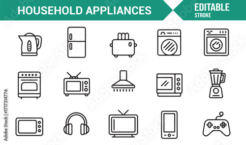 Editable stroke icons of household gadgets for cooking, cleaning, and entertainment graphics