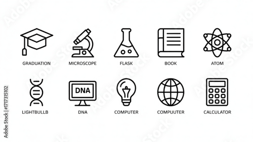 Science education vector icons set featuring graduation microscope flask book atom dna lightbulb computer calculator