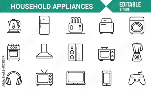 Vector stroke illustration of home appliances like blender, fridge, oven, and washing machine