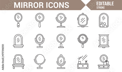 Editable outline icons of mirrors for makeup, grooming, and wall decor collection