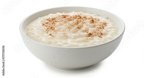 Bowl of arroz con leche Mexican style sprinkled with cinnamon isolated on a white background isolated for food or dessert uses