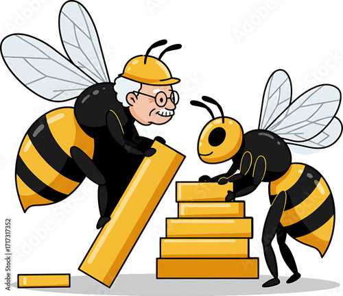 Cartoon Bees Constructing a Tower with Yellow Blocks One Bee Wearing a Hardhat.