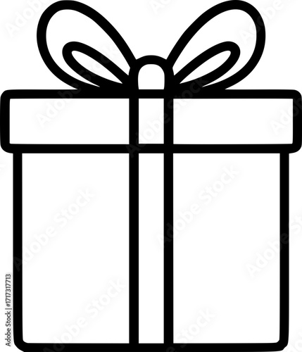 Minimalist black and white vector illustration of Christmas gift box with ribbon and bow, clean outline style, festive holiday package design