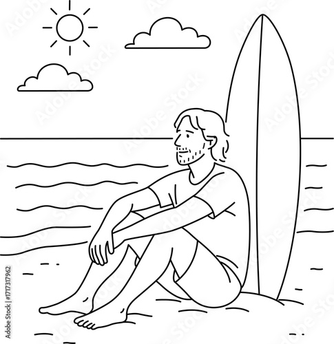 Simple Line Art Man Sitting at Beach with Surfboard Illustration
