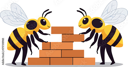 Two Cartoon Bees Building a Brick Wall Together Teamwork Illustration.
