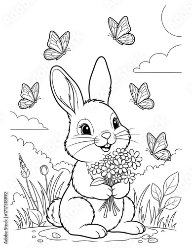 Vector art of cute bunny with flowers cartoon rabbit surrounded by butterflies in a field with flowers coloring page design