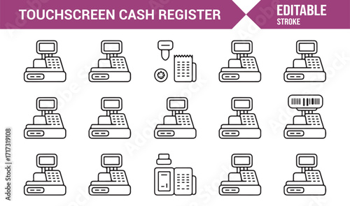 Collection of business retail cashier machine icons in editable stroke design