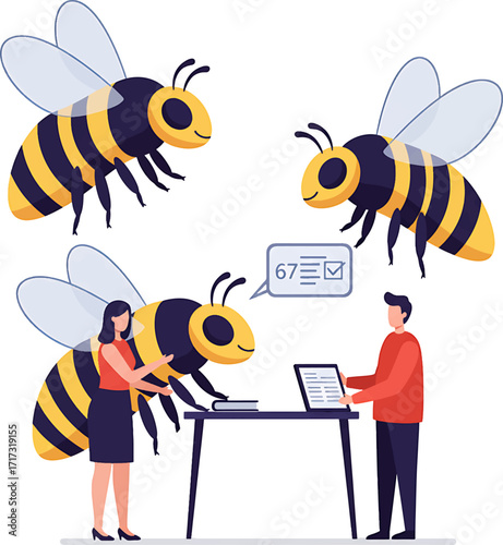 Cartoon Bees with Yellow and Black Stripes and Translucent Wings.