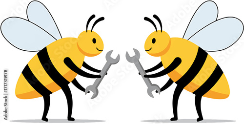 Two Cartoon Honeybees Holding Wrenches Ready to Repair.