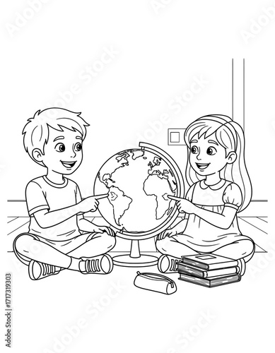 Vector art of children with globe boy and girl learning geography together coloring page for kids coloring page design