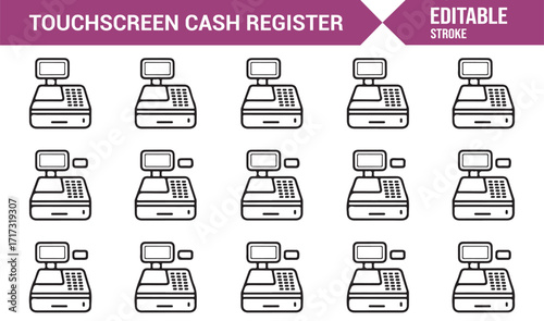 Minimal vector line illustration of modern cash register touchscreen payment terminals
