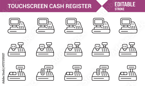 Editable stroke icon set of POS machines and cash registers for shops and retail counters
