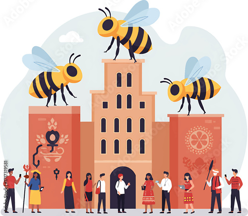 Three Large Cartoon Bees on Building Structures with Translucent Wings.