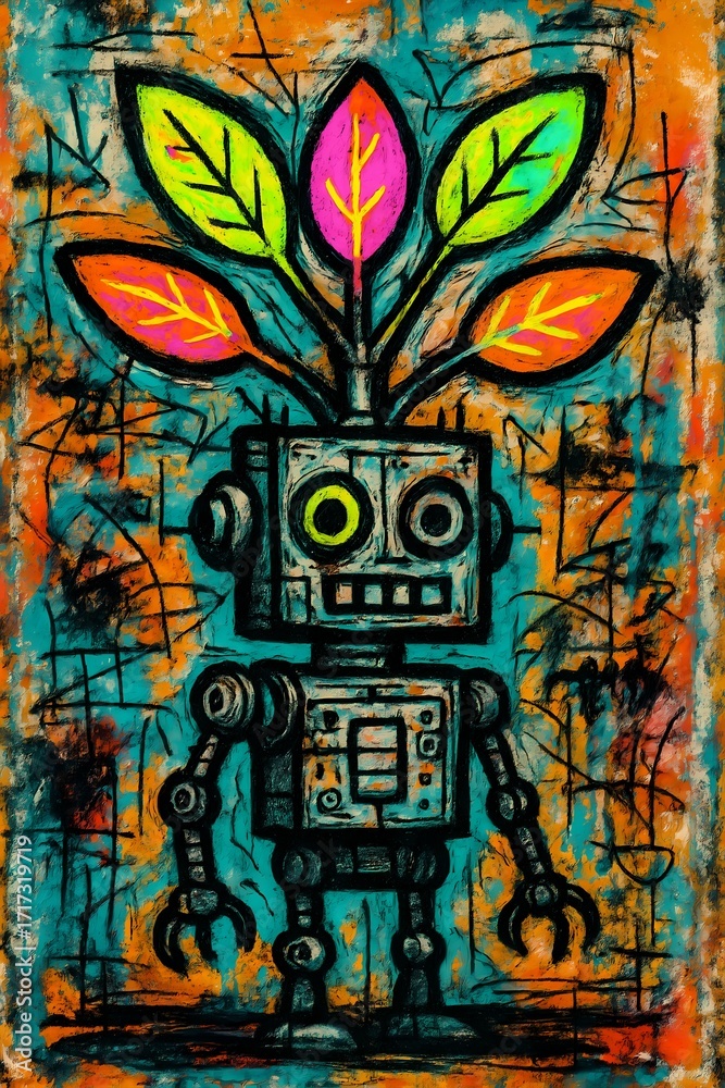 Obraz premium Whimsical robot with vibrant leaves sprouting from its head stands against a textured, abstract background in a playful, modern art style.