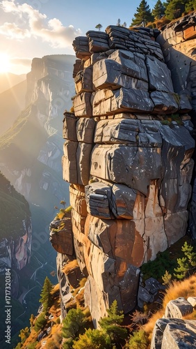 Rocky cliff face overlooking a valley