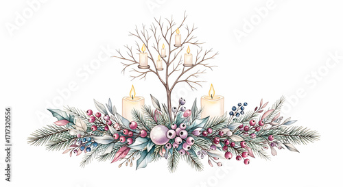 Elegant Watercolor Christmas Decoration Festive Arrangement with Candles and Foliage