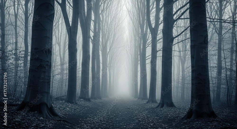 Obraz premium Tall trees stand in a row along a path in a misty forest on a gloomy day outdoors