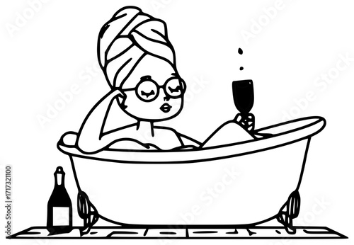 Woman in a bath with a glass of wine and books