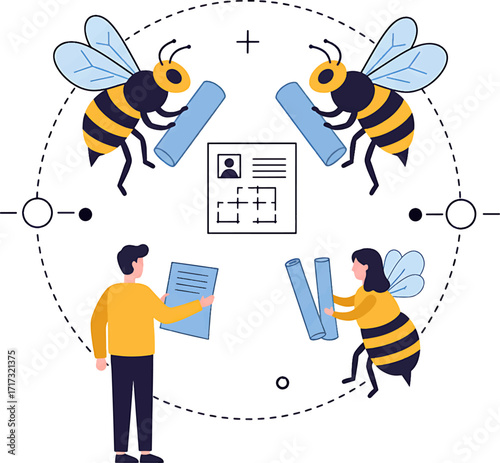 Cartoon Bees Holding Blue Cylinders and a Bee-Human Hybrid.