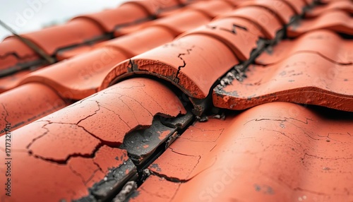 Close-up of cracked clay roof tiles showing significant damage, cracked tile,   fragile