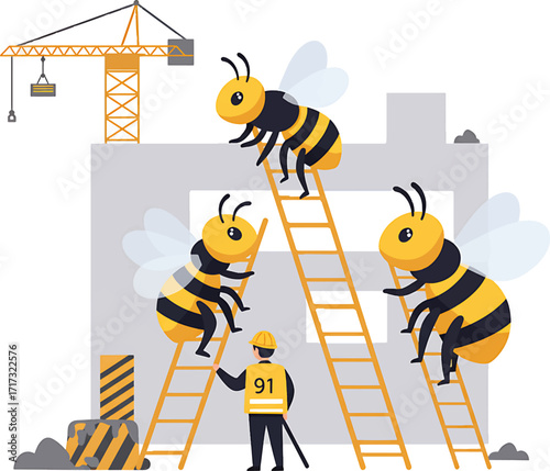 Cartoon Bees Constructing Building Climbing Ladders Working Together Construction Concept.