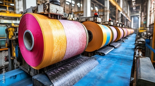 Colorful rolls of material being processed on a factory conveyor belt.  Machinery and industrial setting are visible in the background
